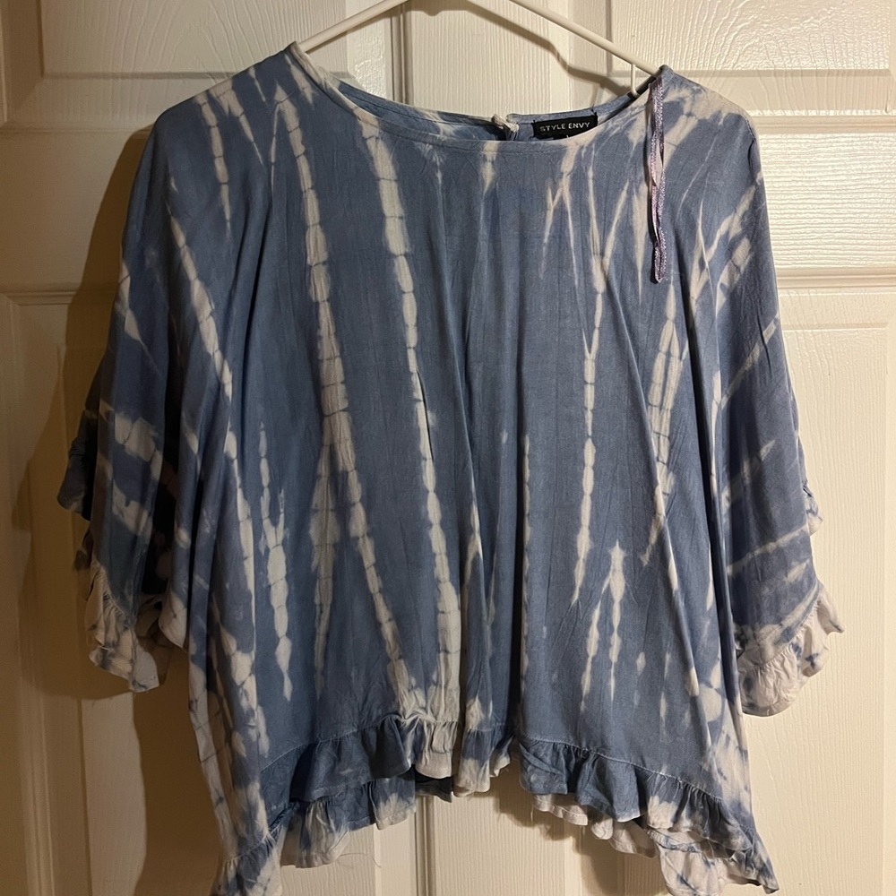 blue and white tie dyed shirt